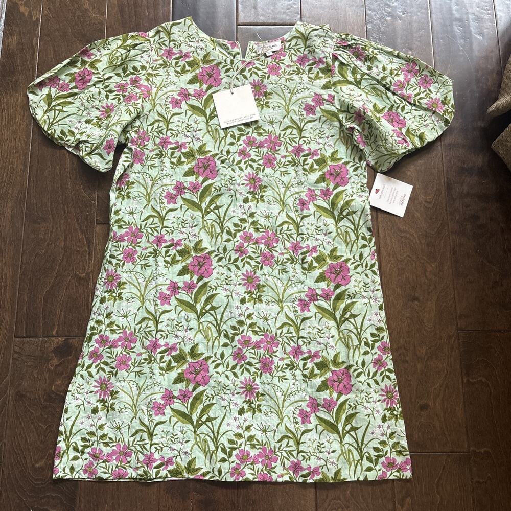 NWT Olivia James The Label Green Floral Puff Short Sleeves Louisa Dress Size S